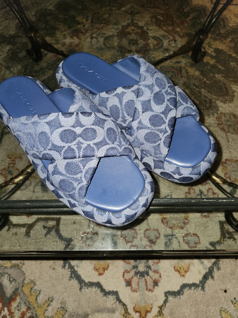 Coach Blue Logo Cross-Band Slide Sandals
